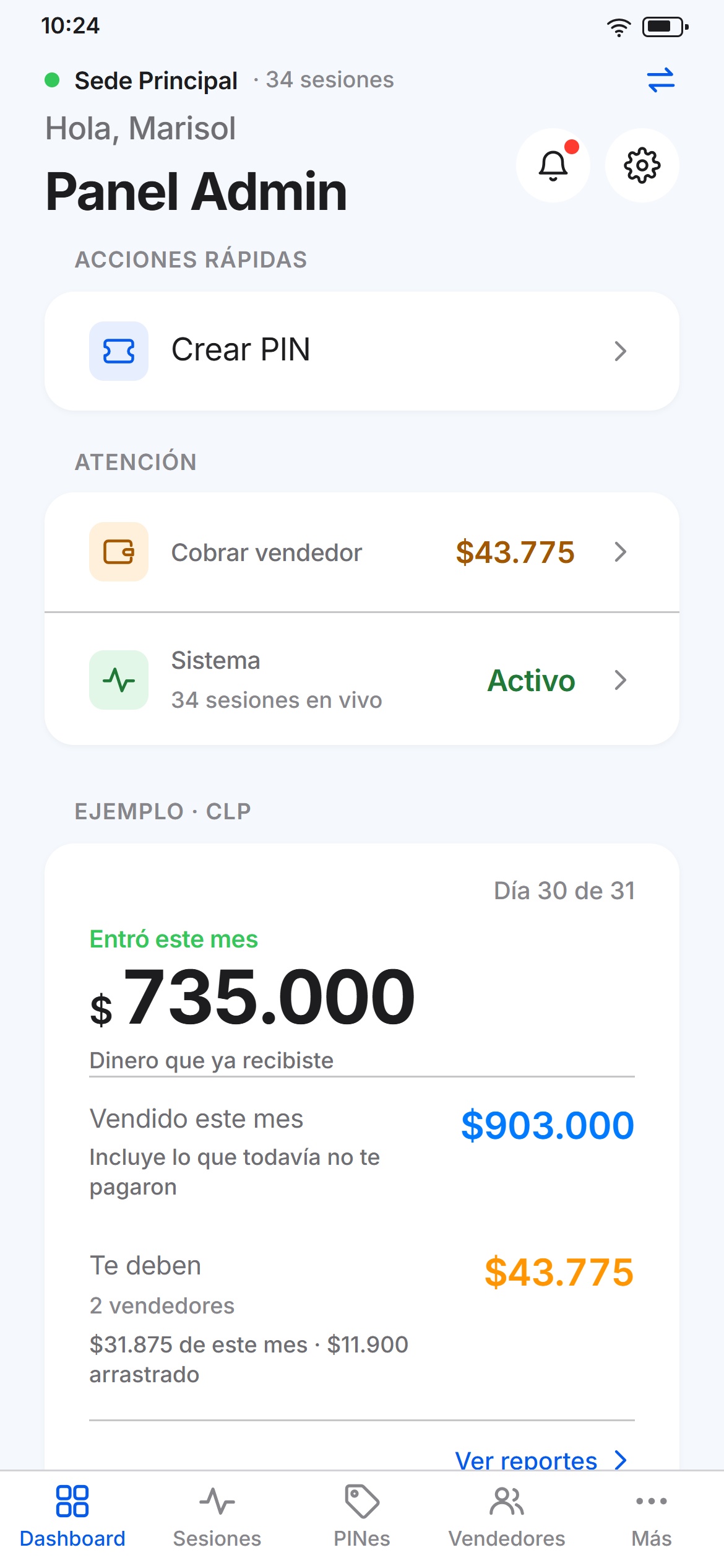 Panel de inicio de la app: cuánto entró este mes, cuánto se vendió y cuánto te deben