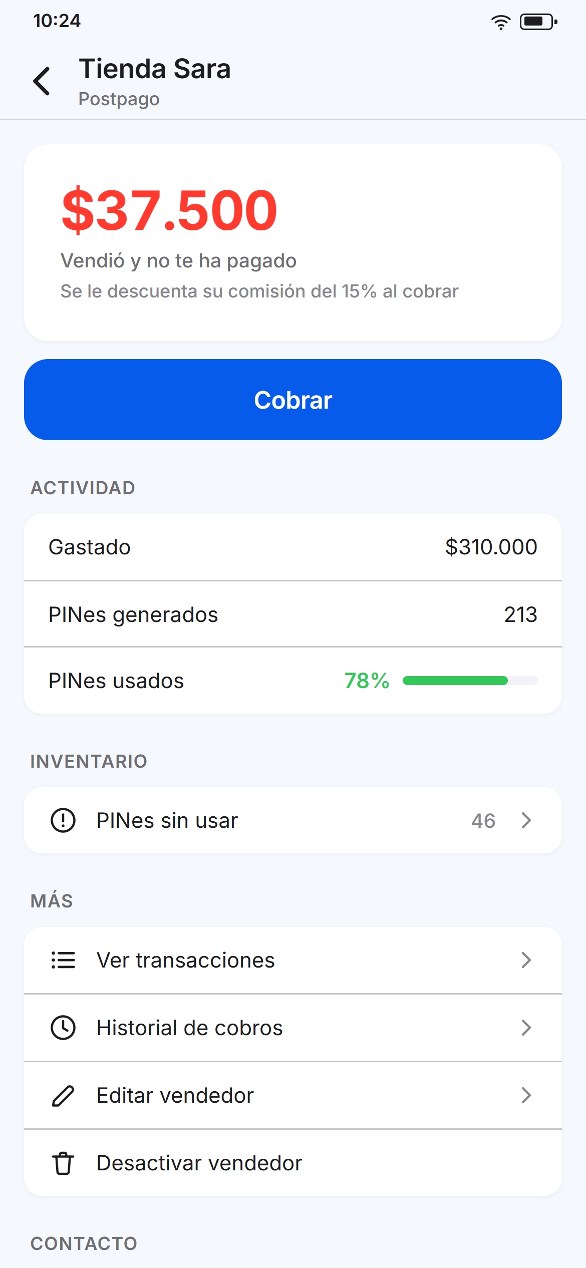 Detalle de un vendedor: lo que vendió sin pagar y el botón Cobrar