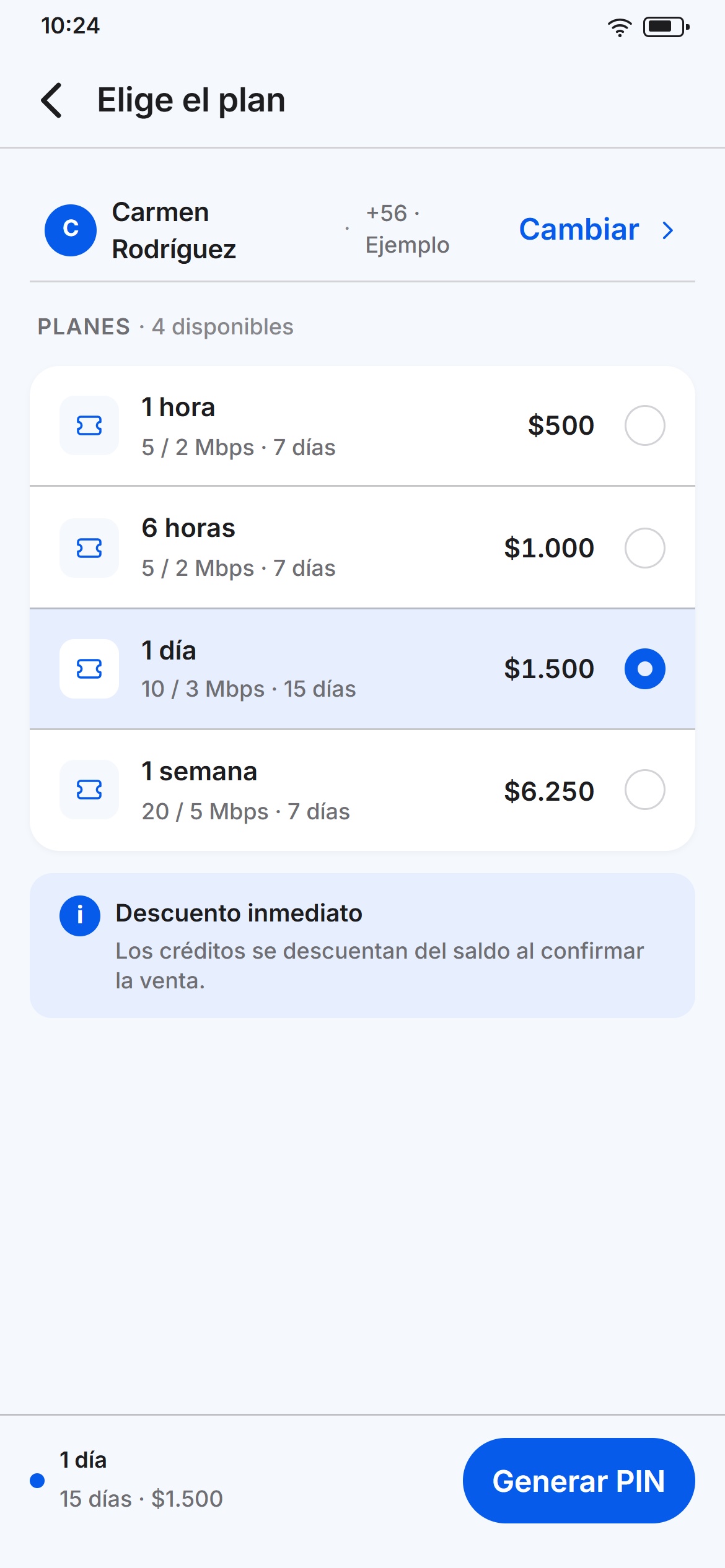 Venta de una ficha: elegir el plan y generar el PIN desde el celular