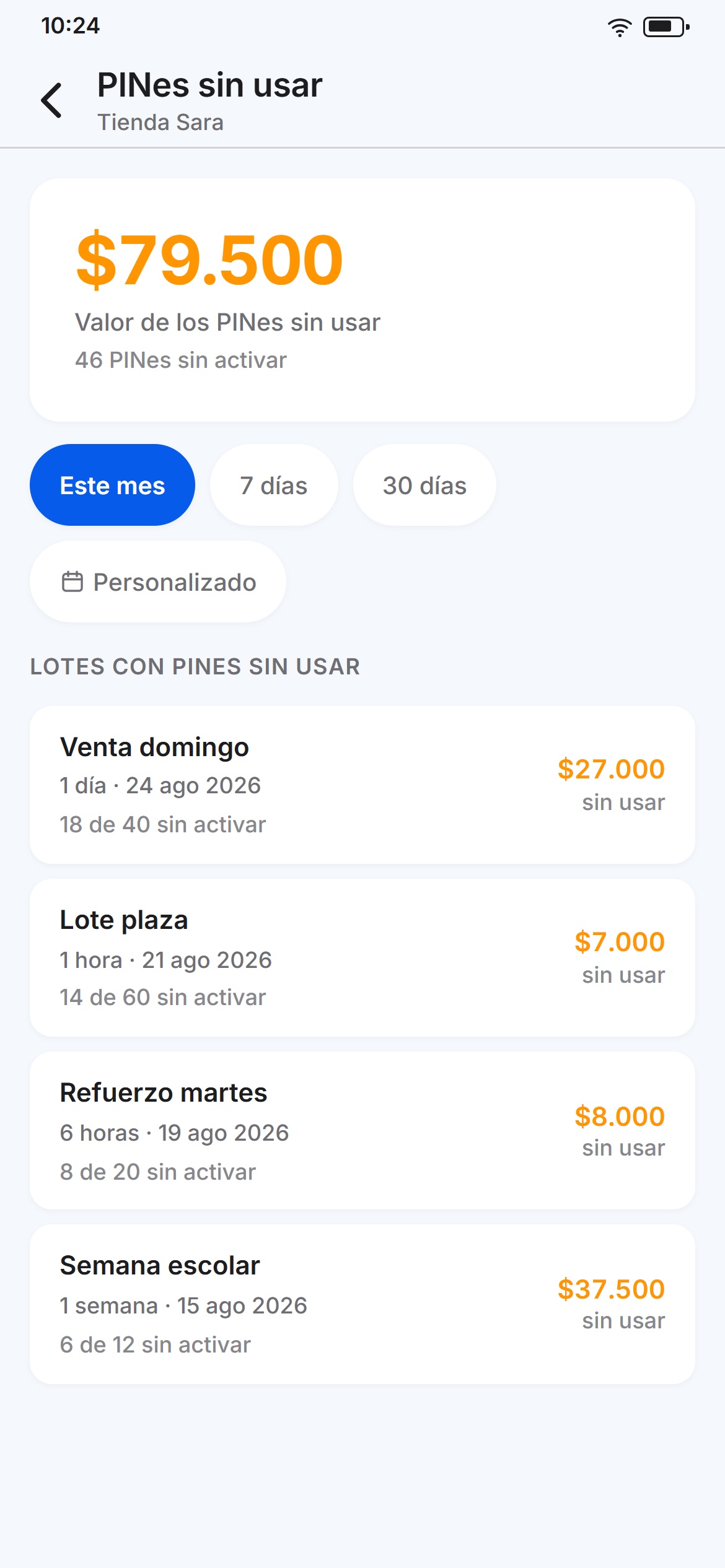 Fichas sin usar de un vendedor: cuántas quedan por lote y cuánto valen