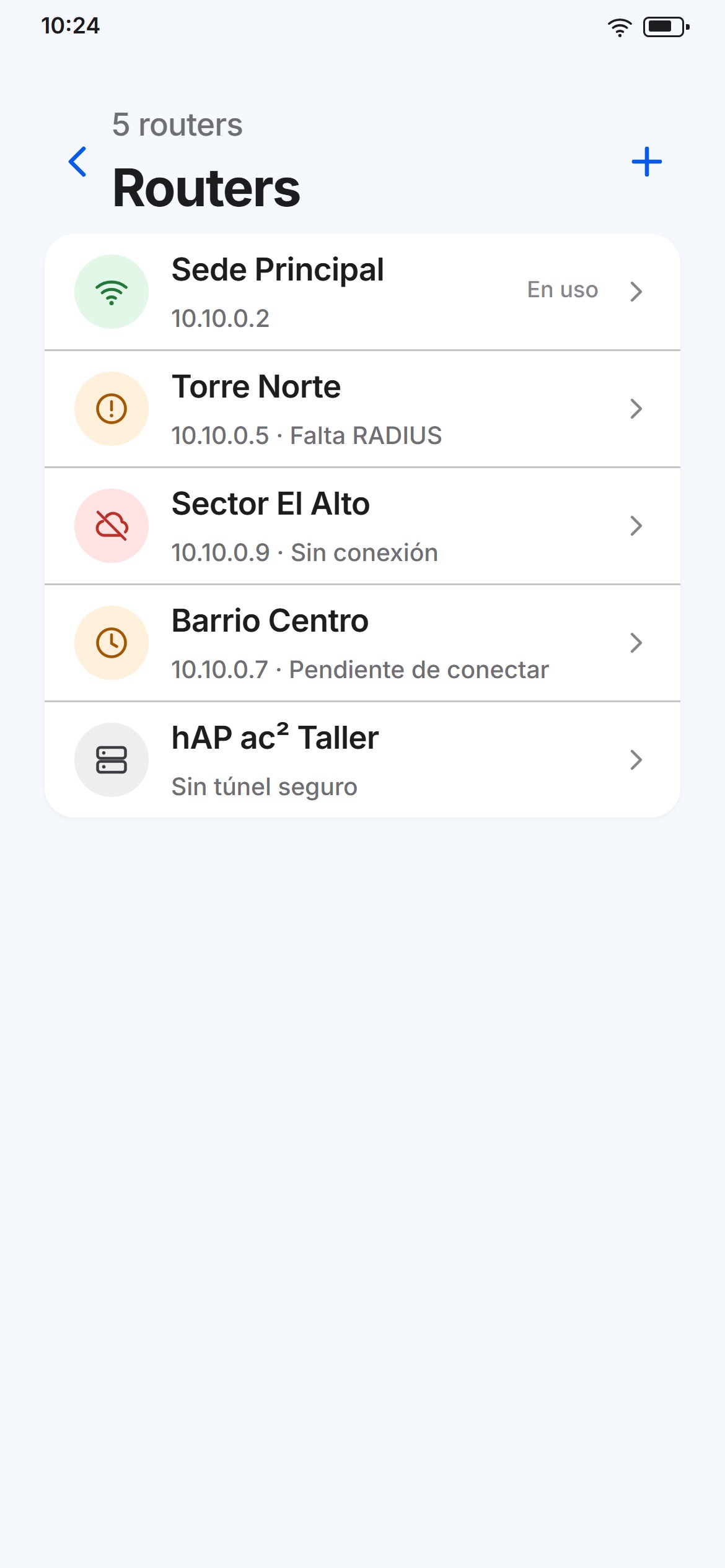 Lista de routers con su estado: en línea, pendiente de conectar o sin conexión