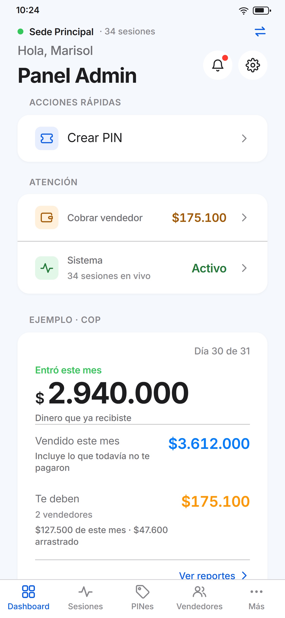 Panel de inicio de la app: cuánto entró este mes, cuánto se vendió y cuánto te deben
