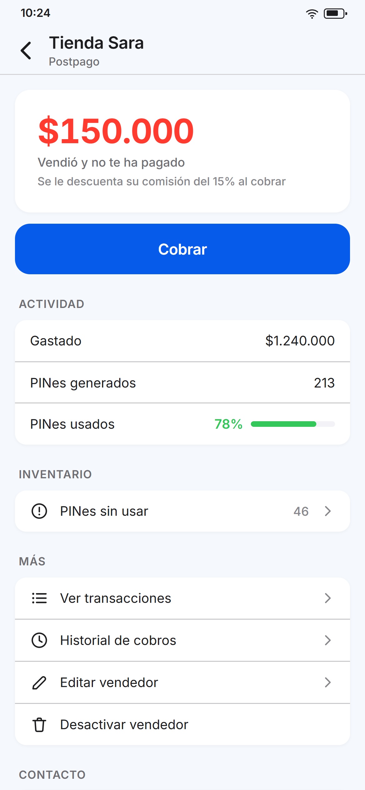Detalle de un vendedor: lo que vendió sin pagar y el botón Cobrar