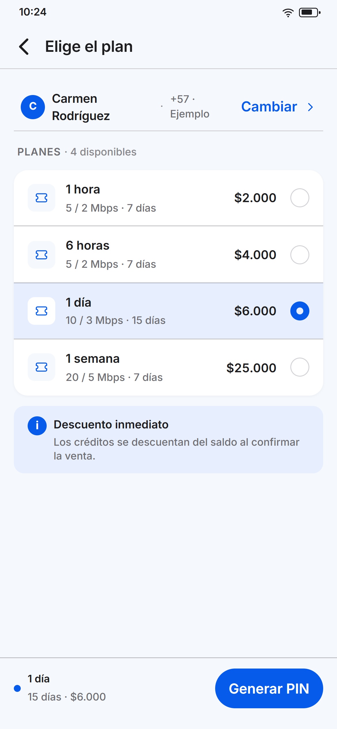 Venta de una ficha: elegir el plan y generar el PIN desde el celular