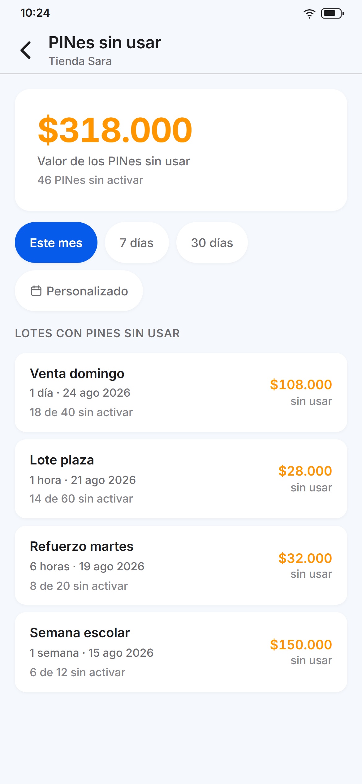 Fichas sin usar de un vendedor: cuántas quedan por lote y cuánto valen