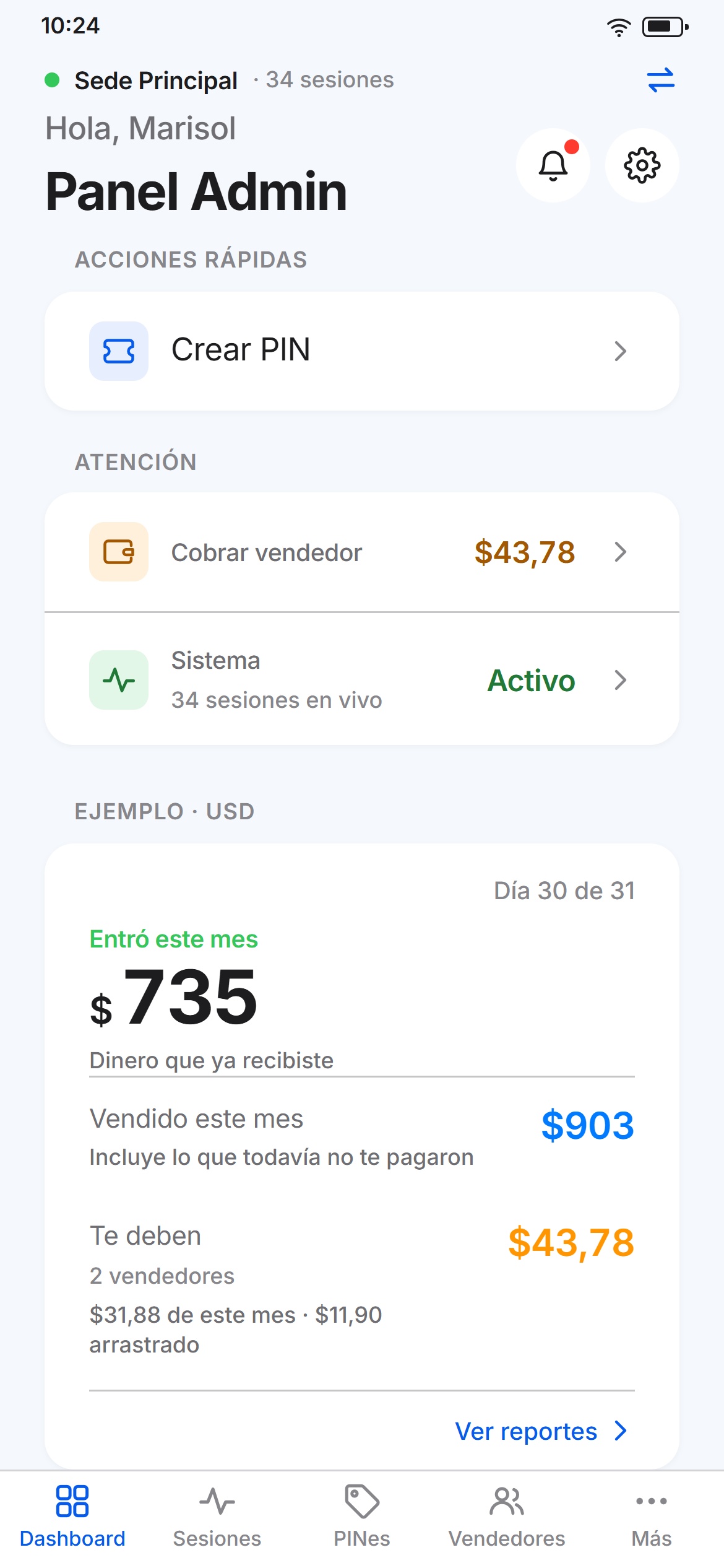 Panel de inicio de la app: cuánto entró este mes, cuánto se vendió y cuánto te deben