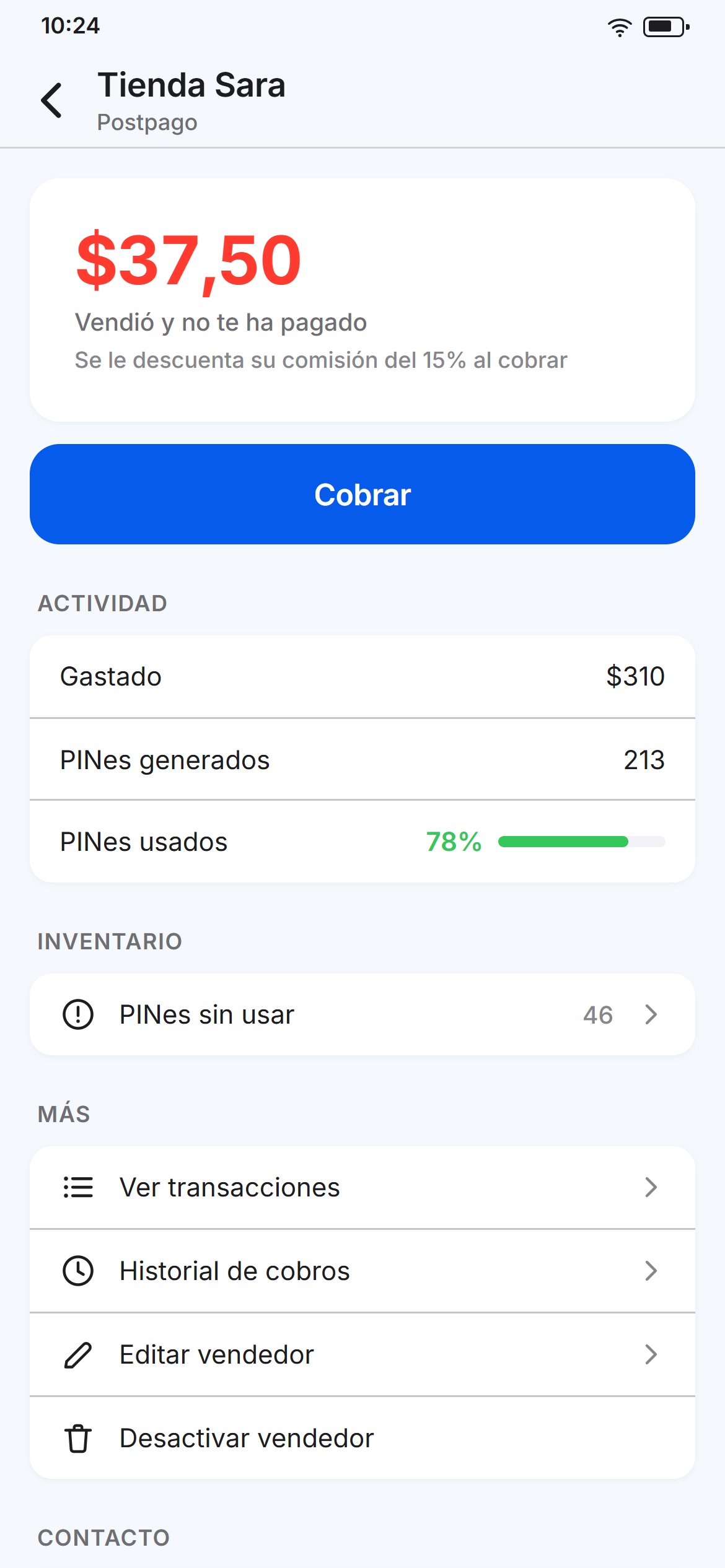 Detalle de un vendedor: lo que vendió sin pagar y el botón Cobrar