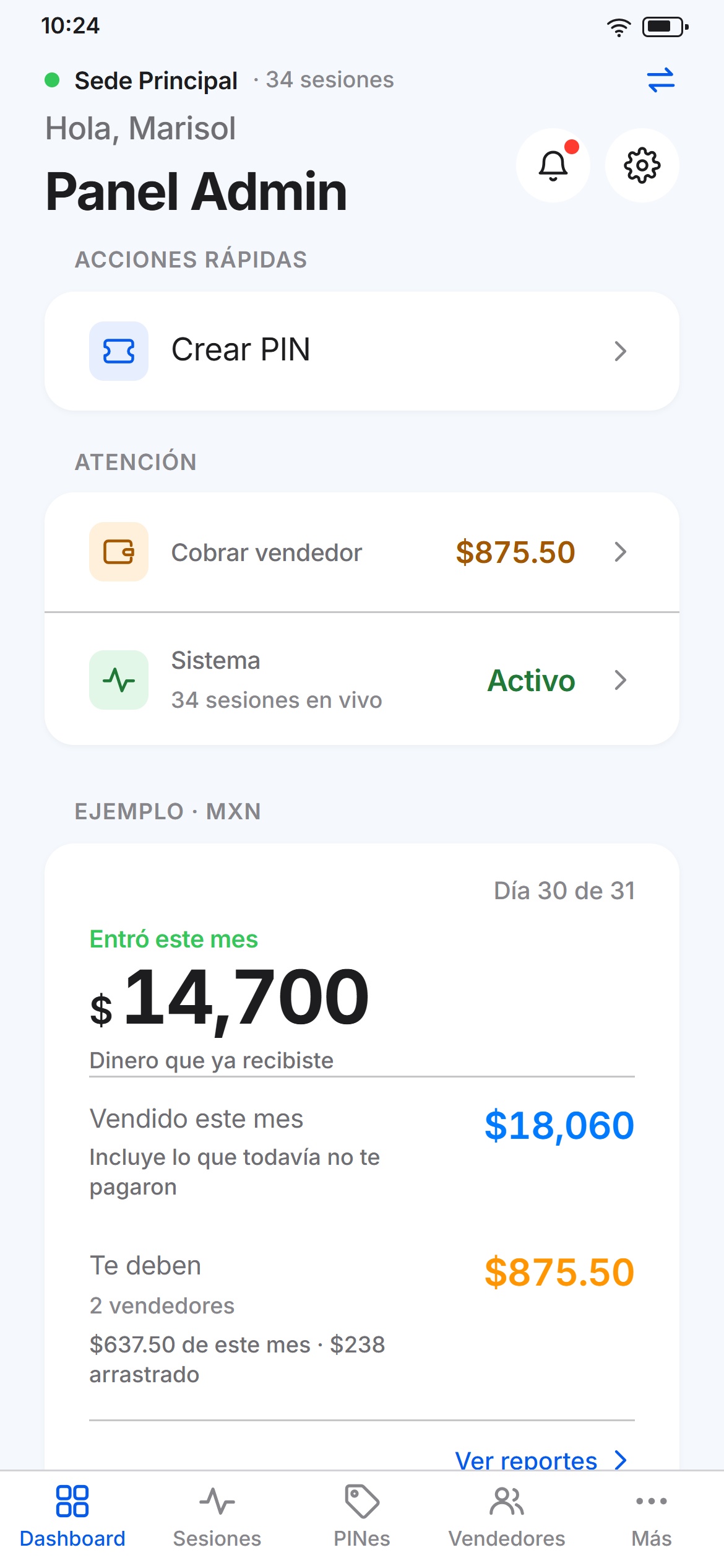 Panel de inicio de la app: cuánto entró este mes, cuánto se vendió y cuánto te deben