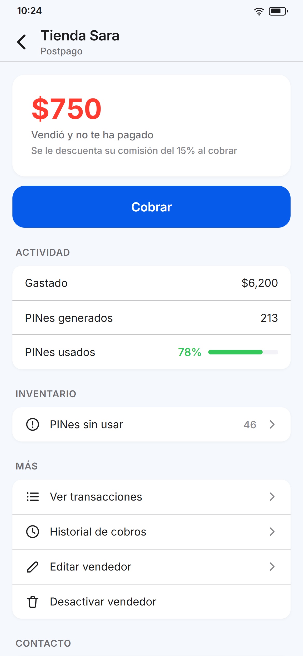 Detalle de un vendedor: lo que vendió sin pagar y el botón Cobrar