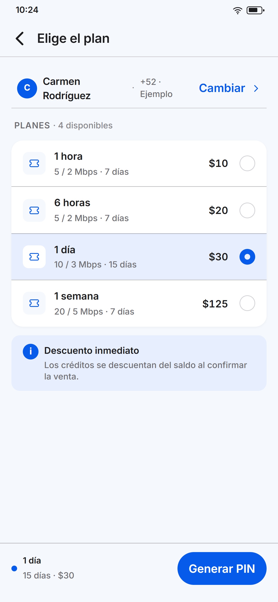 Venta de una ficha: elegir el plan y generar el PIN desde el celular