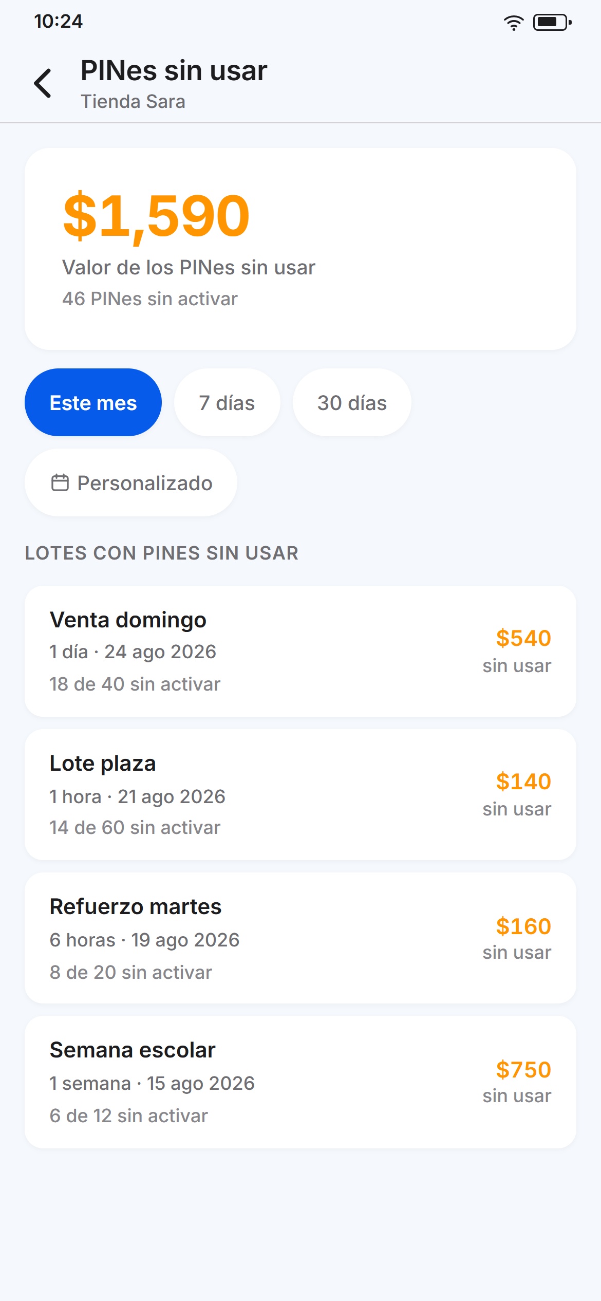 Fichas sin usar de un vendedor: cuántas quedan por lote y cuánto valen