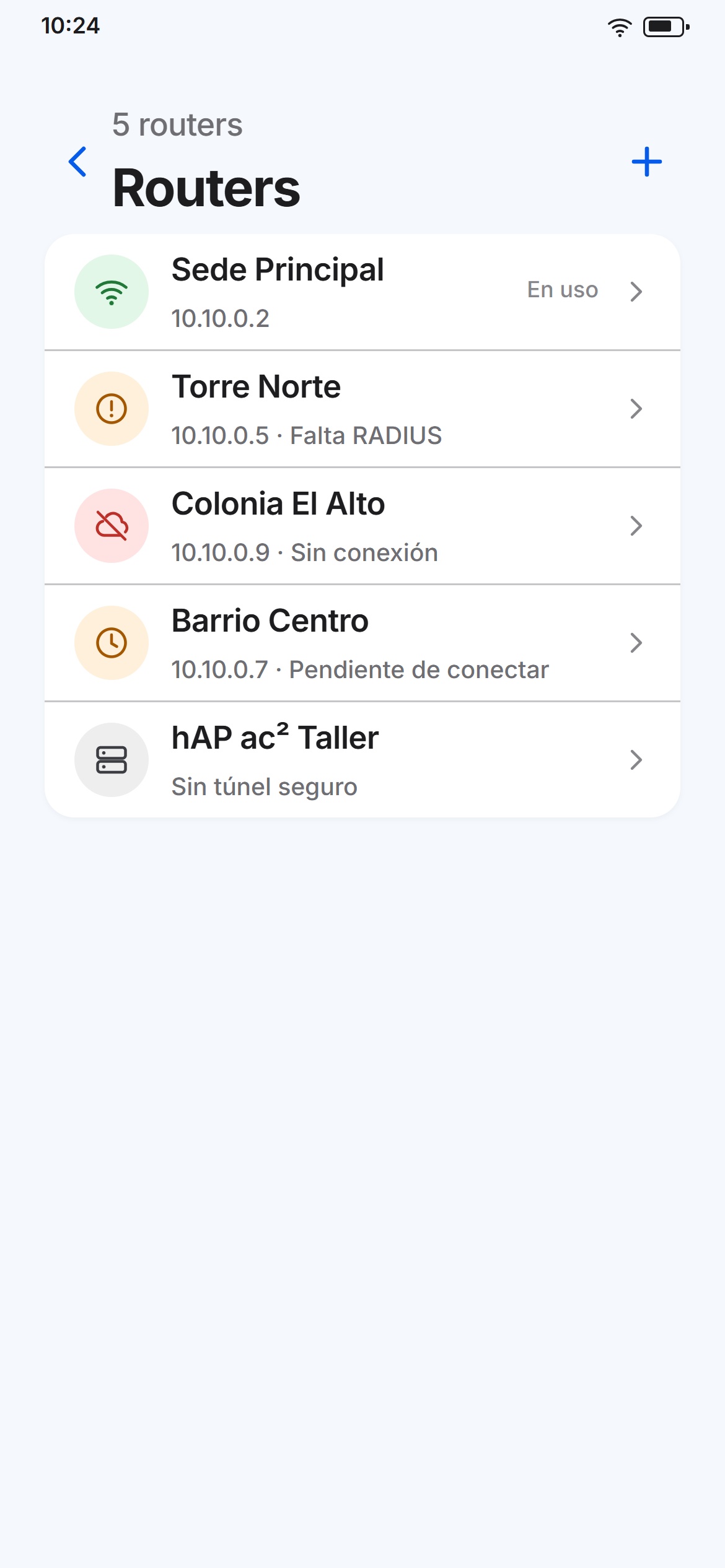 Lista de routers con su estado: en línea, pendiente de conectar o sin conexión
