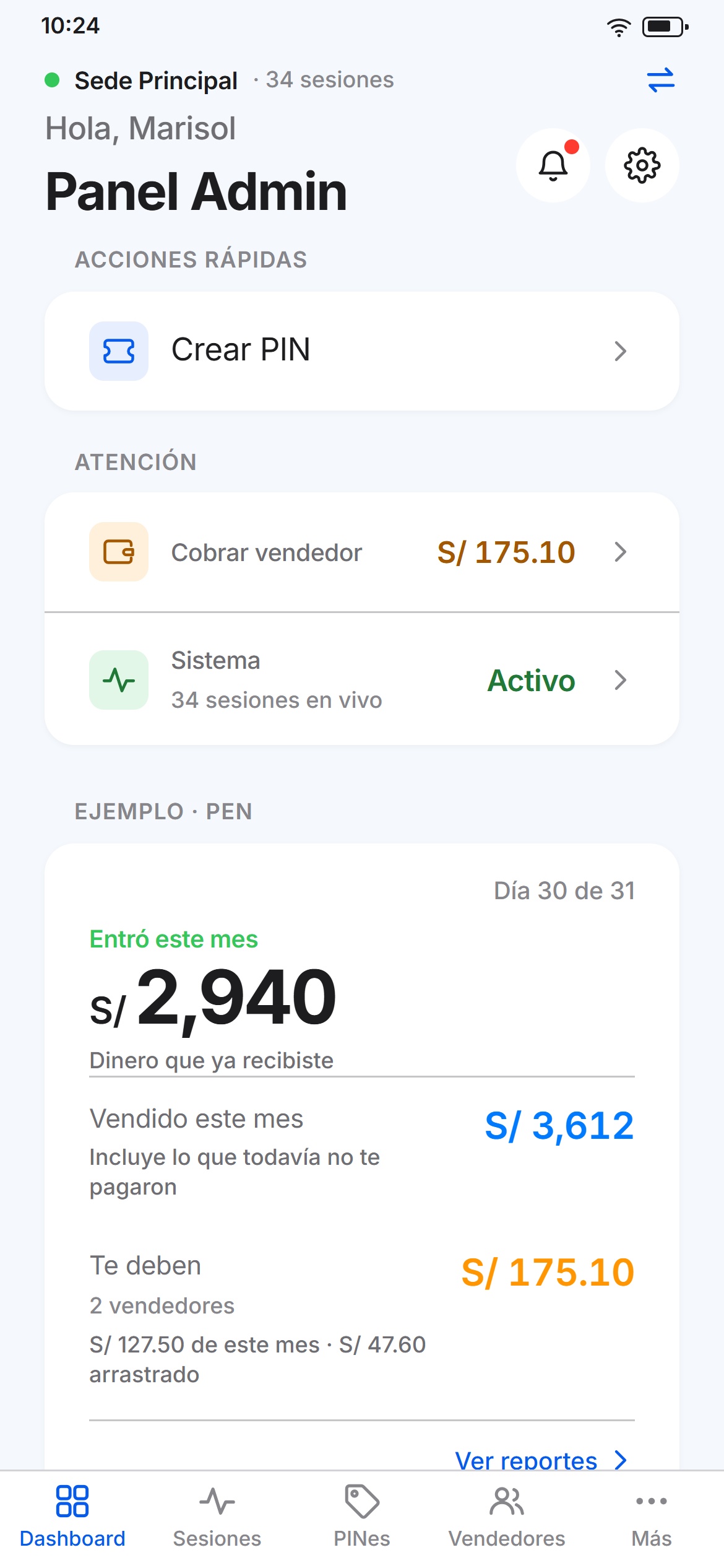 Panel de inicio de la app: cuánto entró este mes, cuánto se vendió y cuánto te deben