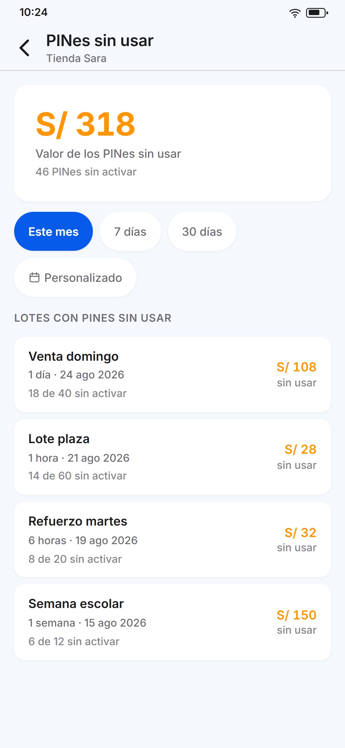 Fichas sin usar de un vendedor: cuántas quedan por lote y cuánto valen